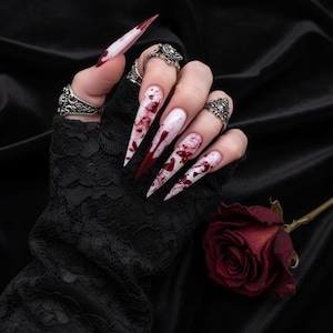 Halloween Press On Nails | Blood Drip Stiletto | Horror Vampire Nails | White & Crimson | Extra Long | Dark Gothic Nail Art | Handmade