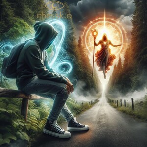 May include: Digital art depicting a person in a hoodie and jeans sitting on a wooden rail, with a glowing blue energy form. A figure with a staff and a glowing aura stands on a road. The image has a mystical and fantasy theme.