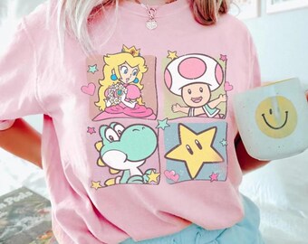 Super Mario Characters Shirt, Princess Peach Yoshi Toad Star Tee, Cute Retro Gamer Girl Shirt, Nintendo Inspired Aesthetic Cartoon Tee