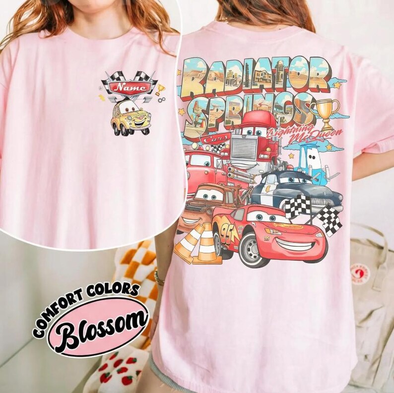 Custom Name Disney Cars Shirt, Pixar Lightning McQueen Tee, Tow Mater, Doc Hudson, Radiator Springs Shirt, Disney Family Trip, Disneyland Blossom/Light Pink