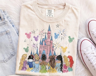 Retro-Aquarell-Shirt mit Disney-Prinzessinnenmotiv, Magic Castle T-Shirt, Disney Magic Kingdom Shirt, Disneyworld-Familienreise 2026, Disneyworld-Mädelsreise