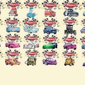 May include: A collection of Disney Cars movie character illustrations. Each character is displayed with a name banner. The image includes a variety of car designs, with text at the bottom stating that other Disney movie characters are available.