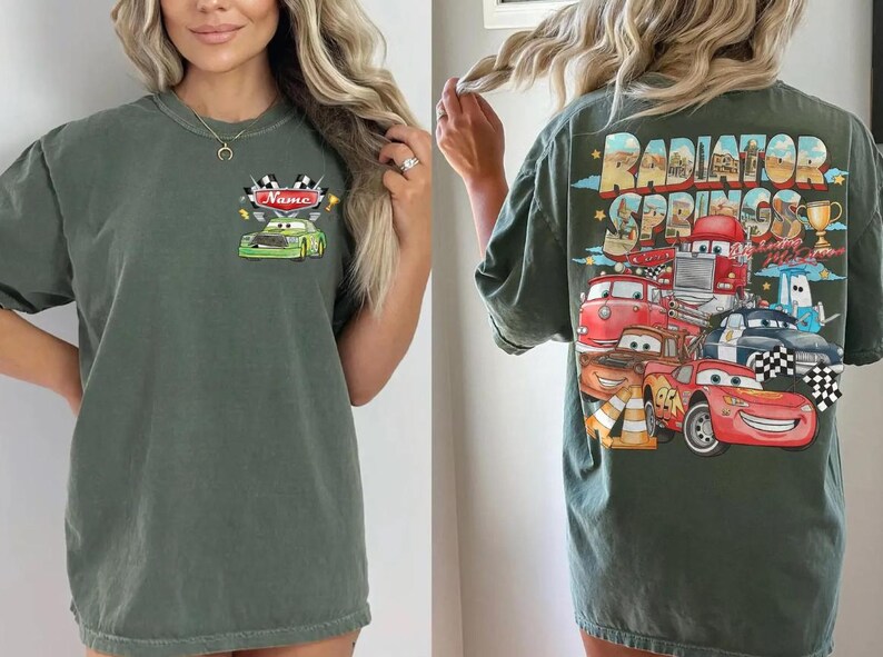 Custom Name Disney Cars Shirt, Pixar Lightning McQueen Tee, Tow Mater, Doc Hudson, Radiator Springs Shirt, Disney Family Trip, Disneyland Moss/Military Green