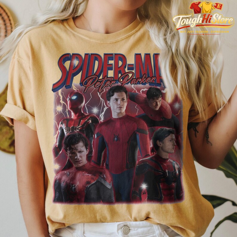 May include: Mustard yellow t-shirt featuring a graphic of Spider-Man with the text "SPIDER-MAN Peter Parker" in red and blue. The design includes multiple images of Spider-Man in various poses, with lightning bolt accents.