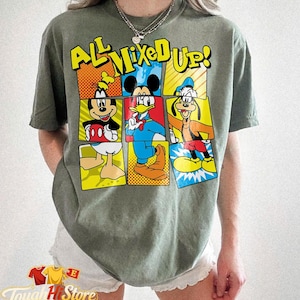 Camiseta de Mickey Mouse con personajes de dibujos animados vintage. Moss/Military Green