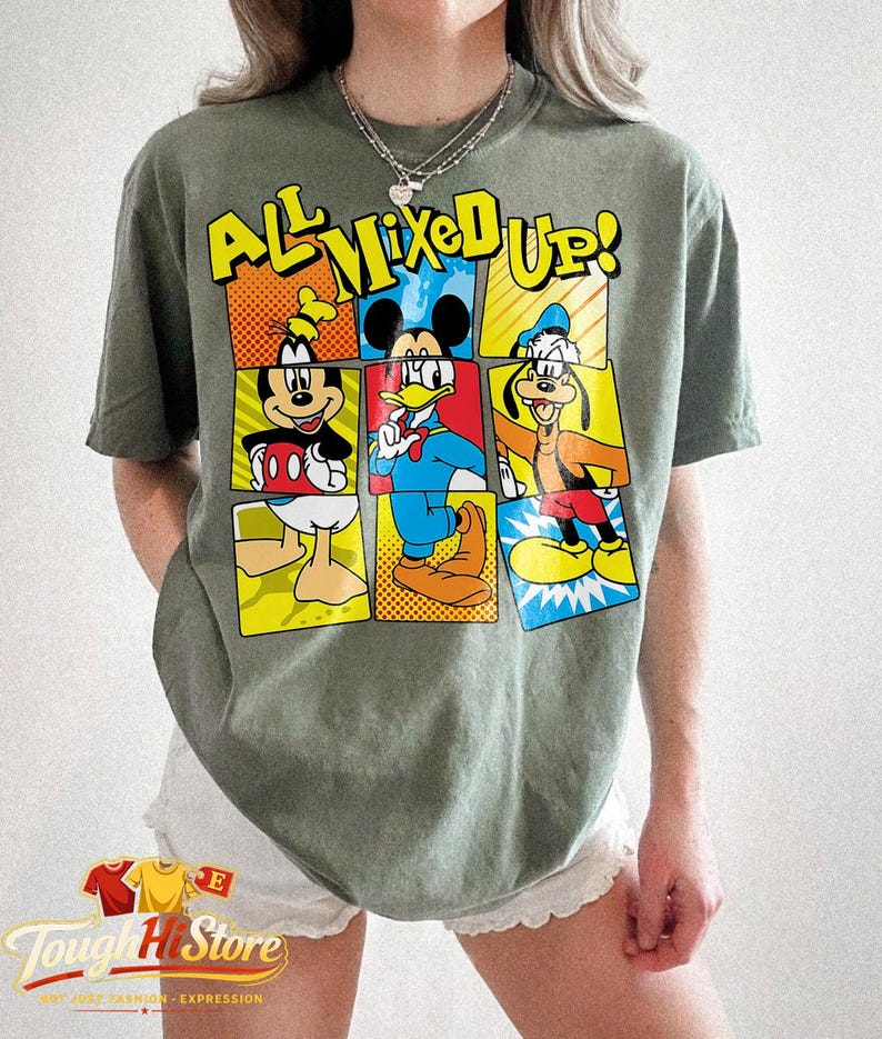 Camiseta de Mickey Mouse con personajes de dibujos animados vintage. Moss/Military Green