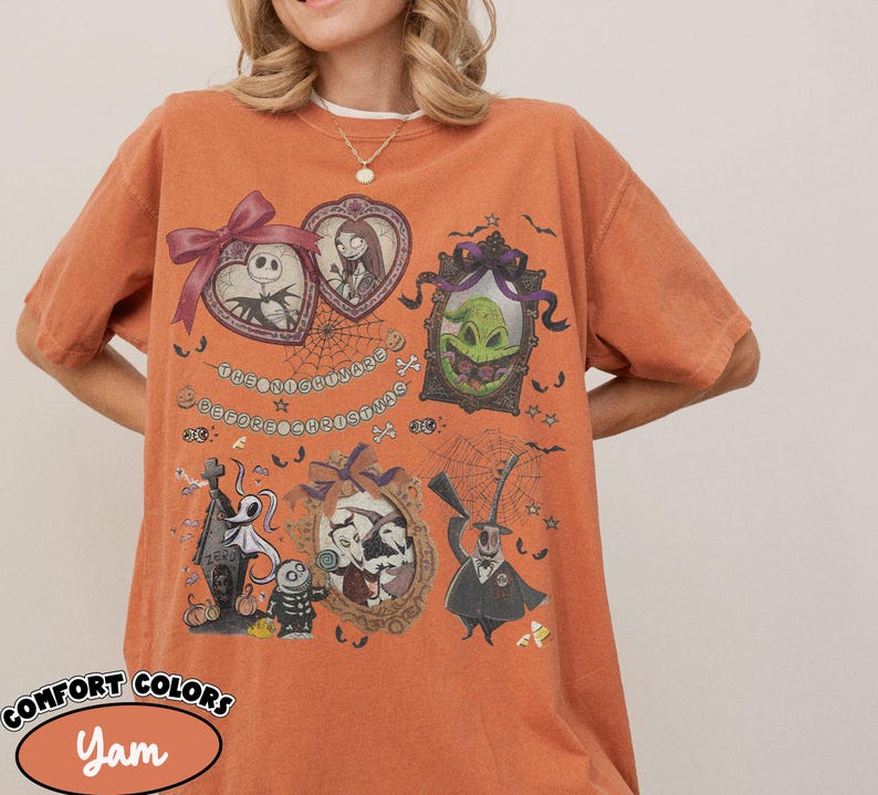 Vintage Comfort Colors Nightmare Before Christmas Coquette-skjorta, Disney Halloween Coquette-tröja med rosett, Oogie Boogie Bash 2026 bild 9