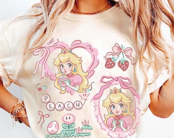 Princess Peach Coquette Shirt, Cute Pink Gamer Girl Tee, Super Mario Aesthetic Shirt, Kawaii Peach Strawberry Bow Cartoon Shirt
