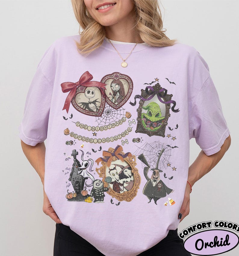 Vintage Comfort Colors Nightmare Before Christmas Coquette-skjorta, Disney Halloween Coquette-tröja med rosett, Oogie Boogie Bash 2026 bild 4