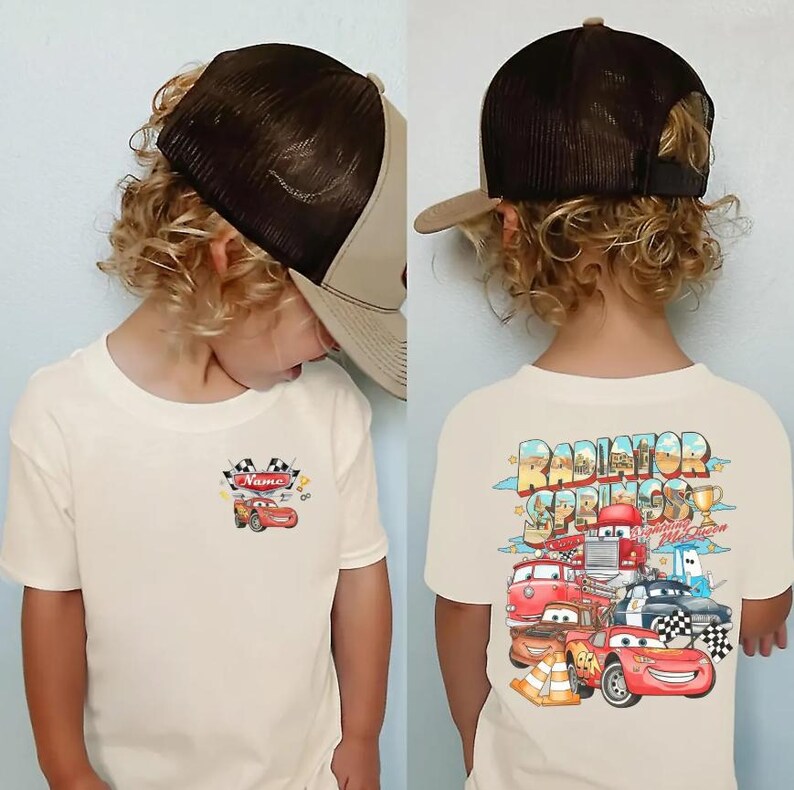 Custom Name Disney Cars Shirt, Pixar Lightning McQueen Tee, Tow Mater, Doc Hudson, Radiator Springs Shirt, Disney Family Trip, Disneyland Ivory/Natural/Sand