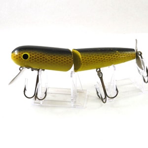 Mouldys Hawg Wobbler, Jointed Muskie Lure, Yellow and Black with Gold Scale Wood Lure