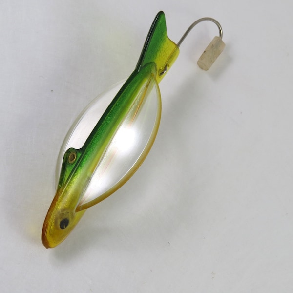 Vintage Traveling Fishing Lure, Hard to Find Early 70s Lure, Green Yellow and Clear, US Pat No 3744175