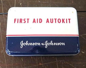 Botiquín de primeros auxilios vintage para automóvil, lata con contenido antiguo parcial, Johnson & Johnson