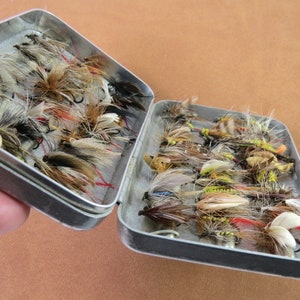 Trout Flies, Hand Tied, Over 80 in Vintage Perrine Aluminum Box, Collectible Fishing Flies in Box, Variety of Insects Bee Dragonfly Grubs
