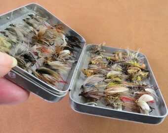 Trout Flies, Hand Tied, Over 80 in Vintage Perrine Aluminum Box, Collectible Fishing Flies in Box, Variety of Insects Bee Dragonfly Grubs