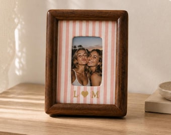 Personalized Wooden Instant Photo Frame, Magnetic Fridge Frame, Custom Couple Gift, Wedding Anniversary Keepsake, Striped Home Decor