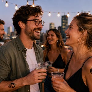 May include: A temporary tattoo featuring a cartoon illustration of a person wearing a party hat and glasses. The design is applied to the skin, showing a detailed graphic of a face with a mustache and beard, rendered in black ink with a colorful hat.