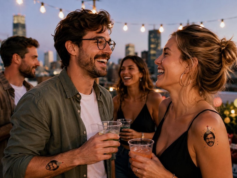 May include: A temporary tattoo featuring a cartoon illustration of a person wearing a party hat and glasses. The design is applied to the skin, showing a detailed graphic of a face with a mustache and beard, rendered in black ink with a colorful hat.