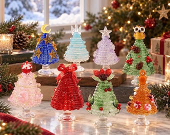 Handmade Glass Christmas Tree, Mini Xmas Tree Figurine, Christmas Gift, Unique Glass Ornament, Holiday Table Decor, Festive Home Decoration