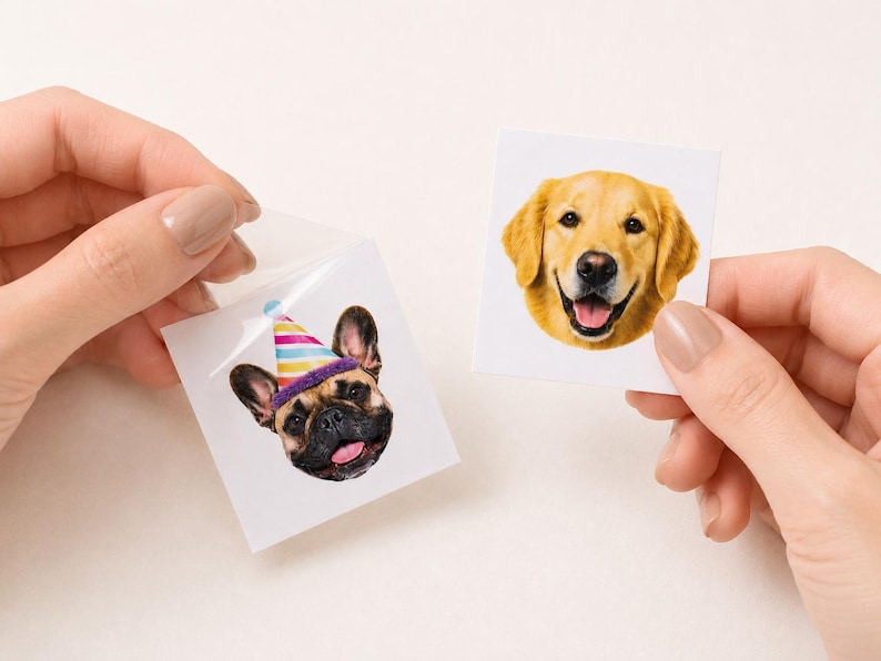 May include: Two square stickers featuring dog portraits. One sticker shows a French Bulldog wearing a colorful striped party hat. The other sticker displays a Golden Retriever. Both stickers have white backgrounds and clear adhesive edges.