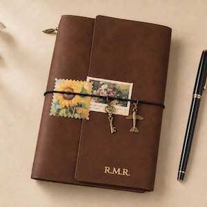 Könnte beinhalten: Ein braunes Lederjournal mit den eingeprägten Initialen R.M.R. auf dem Einband. Ein schwarzes Gummiband hält eine Sonnenblumen-Briefmarke, eine Blumen-Briefmarke und zwei bronzefarbene Anhänger in Form eines Schlüssels und eines Flugzeugs.