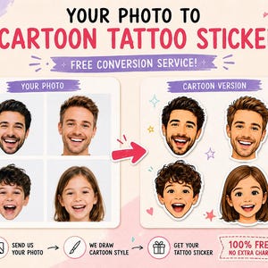 May include: A promotional graphic titled YOUR PHOTO TO CARTOON TATTOO STICKER featuring a side-by-side comparison of four human portrait photographs and their corresponding cartoon illustrations, with instructional icons and text for a custom service.