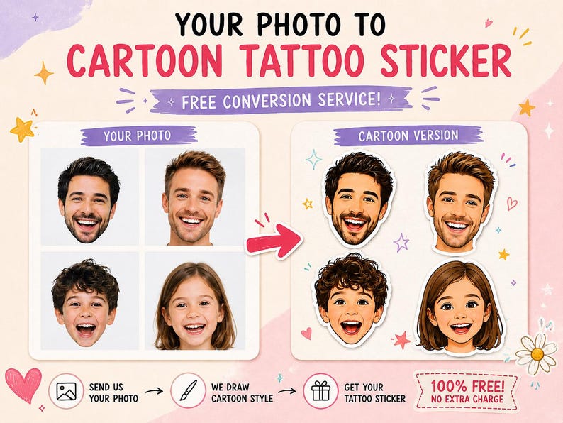 May include: A promotional graphic titled YOUR PHOTO TO CARTOON TATTOO STICKER featuring a side-by-side comparison of four human portrait photographs and their corresponding cartoon illustrations, with instructional icons and text for a custom service.