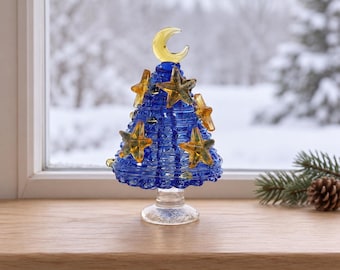 Handmade Glass Christmas Tree, Mini Xmas Tree Figurine, Christmas Gift, Unique Glass Ornament, Holiday Table Decor, Festive Home Decoration