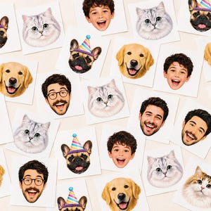 May include: A collection of square stickers featuring various portraits including a smiling child, a man with glasses, a golden retriever, a fluffy grey cat, and a French bulldog wearing a colorful striped party hat, all arranged on a light background.