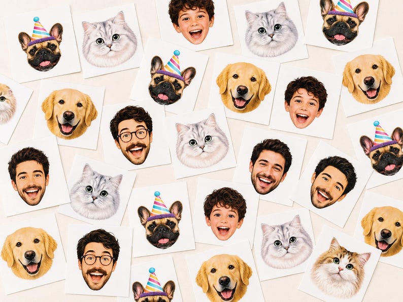 May include: A collection of square stickers featuring various portraits including a smiling child, a man with glasses, a golden retriever, a fluffy grey cat, and a French bulldog wearing a colorful striped party hat, all arranged on a light background.