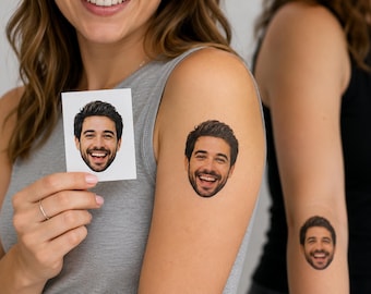 Tatuaggi temporanei personalizzati, tatuaggi per il viso con foto personalizzate, gadget divertenti per feste di compleanno, addio al nubilato, laurea, matrimonio ed eventi.
