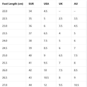 Puede incluir: Una tabla de conversi&oacute;n de tallas de zapatos con medidas en cent&iacute;metros, EUR, USA, UK y AU. La tabla incluye longitudes de pie de 22,0 cm a 27,0 cm, con las tallas correspondientes para cada regi&oacute;n.