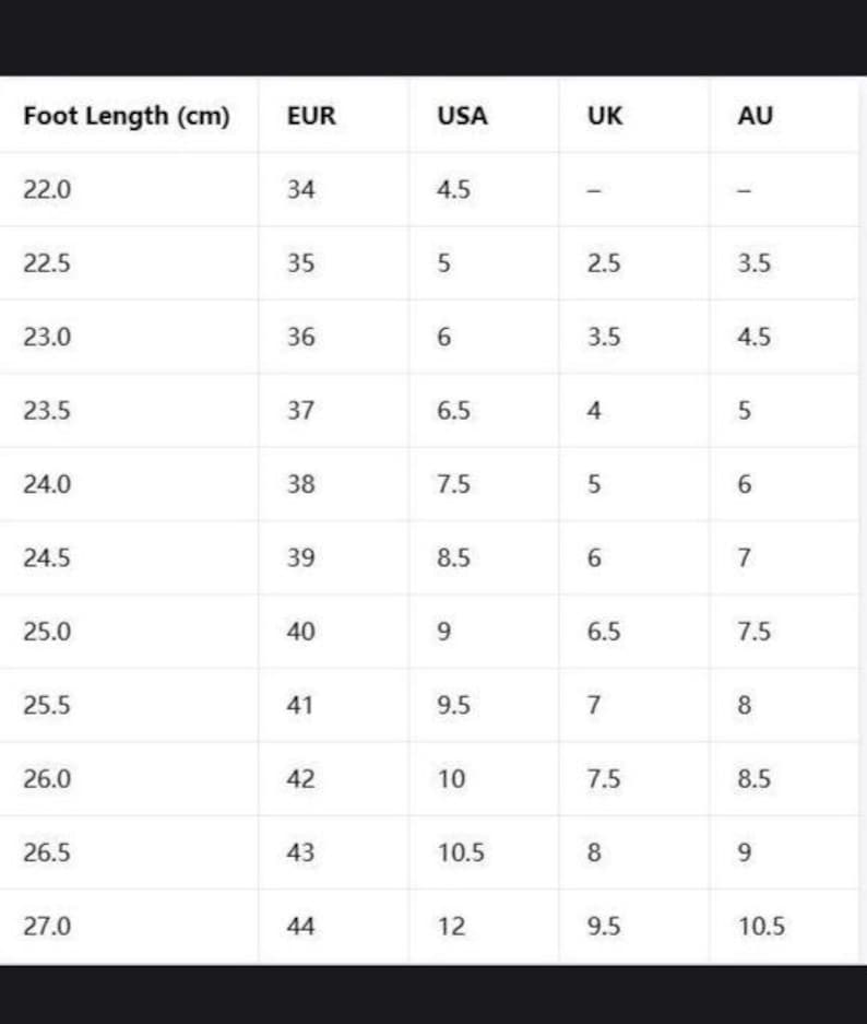 Puede incluir: Una tabla de conversi&oacute;n de tallas de zapatos con medidas en cent&iacute;metros, EUR, USA, UK y AU. La tabla incluye longitudes de pie de 22,0 cm a 27,0 cm, con las tallas correspondientes para cada regi&oacute;n.