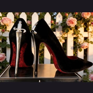 May include: Black high-heeled shoes with a sword-shaped heel and a red sole. The shoes have a pointed toe and a velvet texture. The background shows a white picket fence and pink roses.