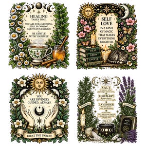 May include: Four square illustrations featuring botanical borders and text. Top left: daisies, tea cup, honey, cinnamon. Top right: books, cat, candle, butterflies. Bottom left: sun, moon, hands. Bottom right: cauldron, salt, rosemary, lavender, spell book.