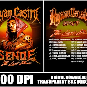 Puede incluir: Un gráfico digital que muestra a Ryan Castro con un pañuelo rojo sobre un fondo de atardecer, con el texto Sende The Last Dance en fuente naranja metálica. El lado derecho enumera las fechas de la gira del 6 de septiembre al 10 de octubre.