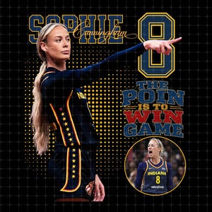 Puede incluir: Un diseño gráfico que muestra a la jugadora de baloncesto Sophie Cunningham con un uniforme azul oscuro con estrellas amarillas, señalando a la derecha. El texto dice Sophie Cunningham, 8, y The Point Is To Win Game, con una foto circular insertada.