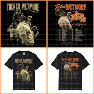 Puede incluir: Una camiseta negra de manga corta con un gráfico de Tucker Wetmore en la parte delantera con el texto "Tucker Wetmore The Brunette World Tour part 2". La parte trasera muestra un calendario de gira con fechas, ciudades, estados y lugares.