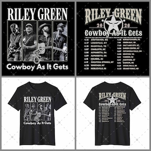 Puede incluir: Camisetas negras con la gira "Cowboy As It Gets" de Riley Green. Un diseño muestra una foto de la banda y el título de la gira. El otro muestra el nombre de la gira, una estrella y las fechas y lugares.