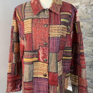 Vintage Coldwater Creek Patchwork Boxy Jacket, Red Tapestry Blazer, Metallic Woven Coat (Size L)