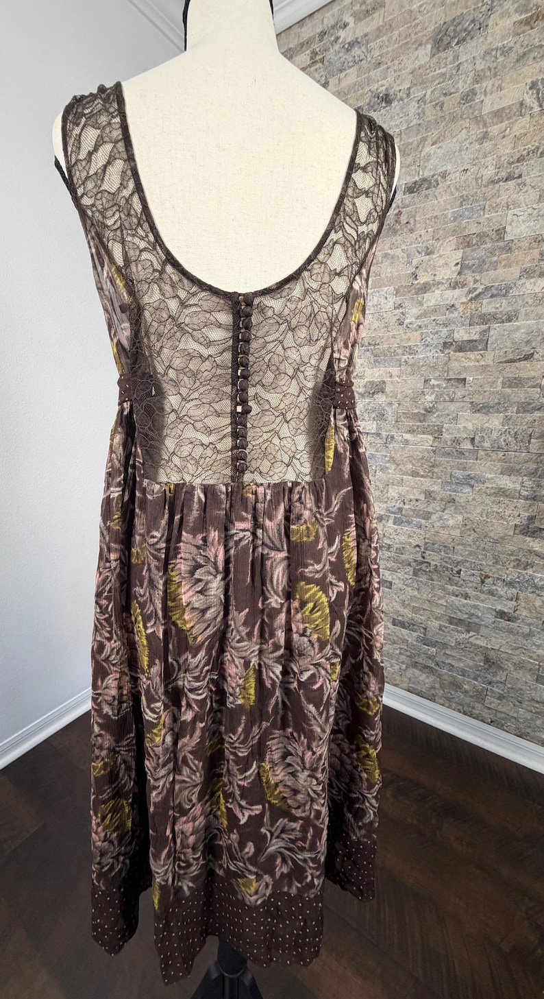 Vintage BCBG Max Azria Silk Midi Dress – Brown Floral Boho Lace Back Empire Waist image 4
