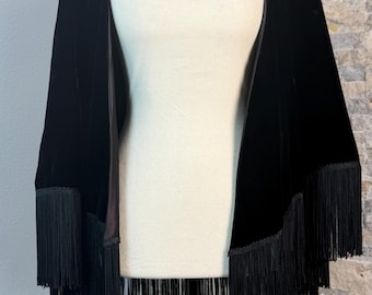 Vintage Black Velvet Fringe Cape, 1920s Style Formsl Evening Capelet