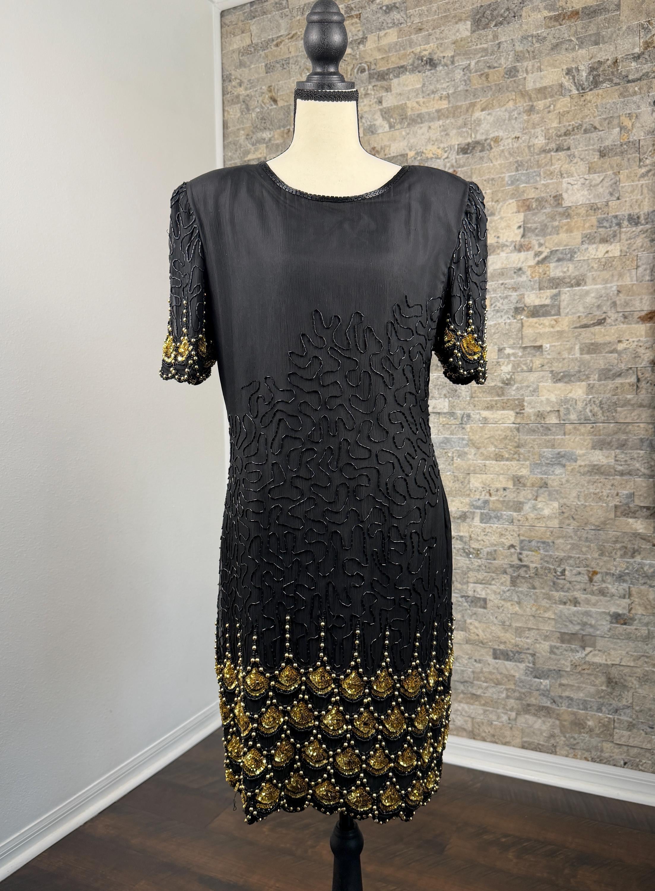 laurence kazar black beaded dress Laurence Kazar Dress Vintage Beaded Evening Gown Dress Black Silver – Modig