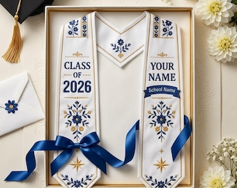 Custom White Floral Graduation Stole 2026, Personalized Class of 2026 Elegant Sash, Name & School Keepsake Grad Gift