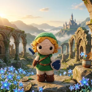 Op de afbeelding: Gehaakte pop van een videogame-personage, gekleed in een groene tuniek, hoed en bruine laarzen. De pop houdt een blauw zwaard en schild vast. De achtergrond toont een kasteel, ruïnes en blauwe bloemen.