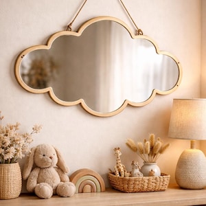Whimsical Cloud Shaped Wall Mirror in Natural Wood Frame for Playful Room Decor