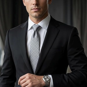 Op de afbeelding: Een zwart pak met een wit overhemd en een grijze stropdas met kleine zwarte stippen. Een zilveren polshorloge met een zwarte wijzerplaat is zichtbaar om de linkerpols. De jas heeft een gekerfde revers.