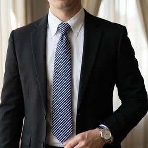 Può includere: Un completo nero con camicia bianca e cravatta a righe blu navy e bianche. Un orologio da polso argentato è visibile sul polso sinistro. La giacca del completo è abbottonata e la cravatta è ben annodata.