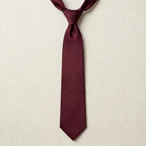 Pode incluir: Uma gravata de cor bordô escuro sólido atada com um nó clássico. A gravata apresenta uma textura de tecido suave e mate com uma extremidade inferior pontiaguda. O design é simples e uniforme, exibindo uma cor vermelha profunda em toda a peça.