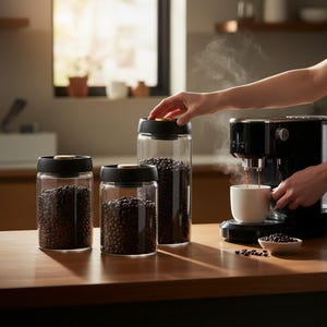 May include: Three glass canisters with black lids filled with coffee beans sit on a wooden surface. A black espresso machine steams as it pours coffee into a white mug. A small bowl of coffee beans is also on the surface.